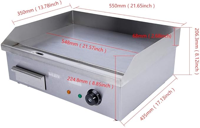 Commercial Flat Top Griddle, 3000W Electric Teppanyaki Griddle Nonstick Stainless Steel Countertop Grill with Adjustable Thermostatic Control 122°F-572°F 21.6"x13.8"(NO PLUG)
