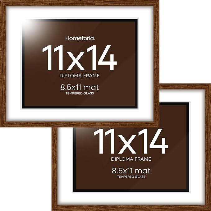 Homeforia 11x14 Diploma Frame Brown Wood, High End Dark Oak 11 x 14 Certificate Frames with Mat 8.5x11, 14x11 Document Matted Frame, Walnut Wooden Graduation Frames, Tempered Glass, Wall Kit, Set of 2