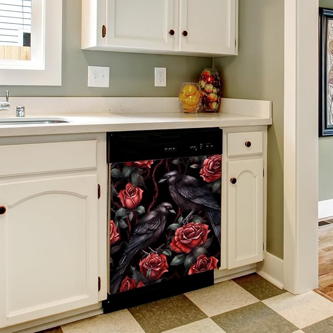 Dishwasher Magnet Cover Halloween Rose Crows Reusable Dishwasher Magnetic Cover Sticker Decorative Dish Washer Door Cover Panel for Home Kitcen Appliance