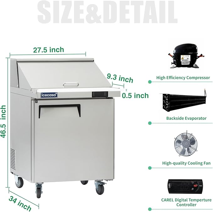 ICECASA 27" W Commercial Refrigerator Sandwich&Salad Prep Table Mega Top single Door Stainless Steel Counter Fan Cooling Refrigerator with 12 pans-27 Inches for Restaurant, Bar, Shop, etc