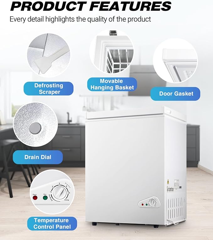 5.0 Cu.Ft Chest Freezer with Removable Basket, Deep Freezer with 6 Adjustable Temperature & Removable Baskets, Top Open Door Compact Freezer for Home, Apartments, White