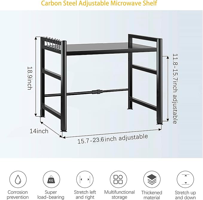 Microwave Oven Rack, Double Layer Carbon Steel Adjustable Microwave Shelf, Toaster Rack Heavy Duty Stand Kitchen Countertop Organizer, 55 lb Load Bearing, 2 Tier with 6 Hooks (Black)
