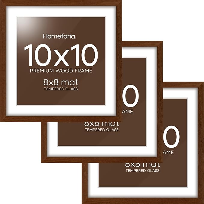 Homeforia 10x10 Picture Frame Brown, High-End Dark Oak 10 x 10 Square Brown Wood Frames with Mat 8 by 8 Photo, 10by10 Wooden Walnut Poster Frame Matted to 8x8 Print, Tempered Glass, Wall Kit, Set of 3