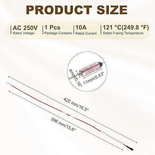 MECCANIXITY Universal Rice Cooker Temperature Fuse, 121°C 10A 250V Metal Thermal Fuse with Terminal and Ring Terminal Fiberglass Sleeving for Electric Pressure Cooker Repair Part