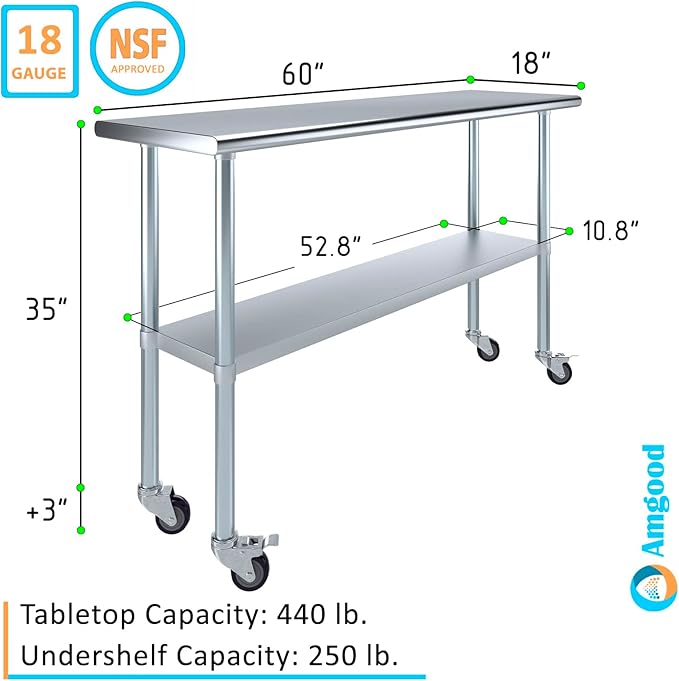 AmGood 60" Long x 18" Deep Stainless Steel Table with Casters