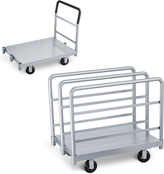 Steel Panel Cart, Lumber cart with Flexible＆Quiet Wheels, Heavy Duty Drywallcart with 1Front and 3Side Handrails, 2500 LBS Industrial Grade Weight Capacity