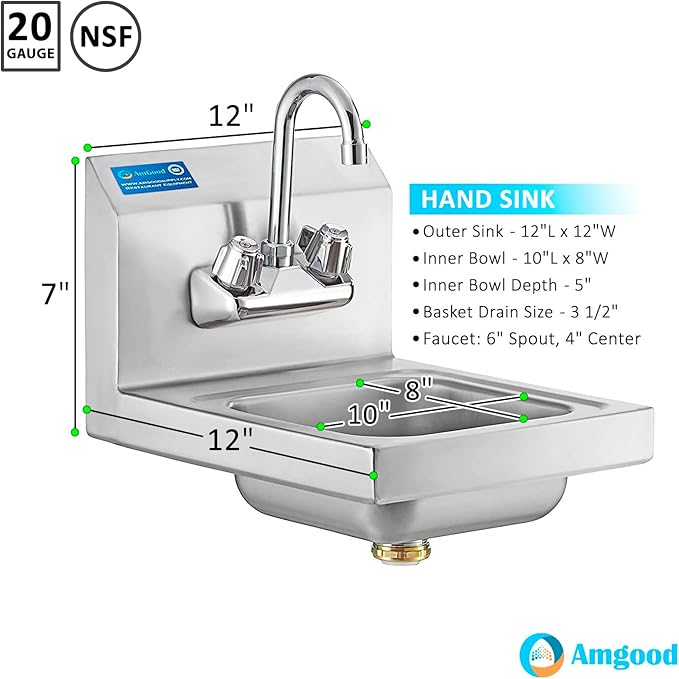 AmGood Stainless Steel Wall Mount Hand Sink 12" x 12" | NSF Commercial Hand Washing Basin with Faucet For Restaurant, Kitchen and Home | Bowl Size: 8" x 10"