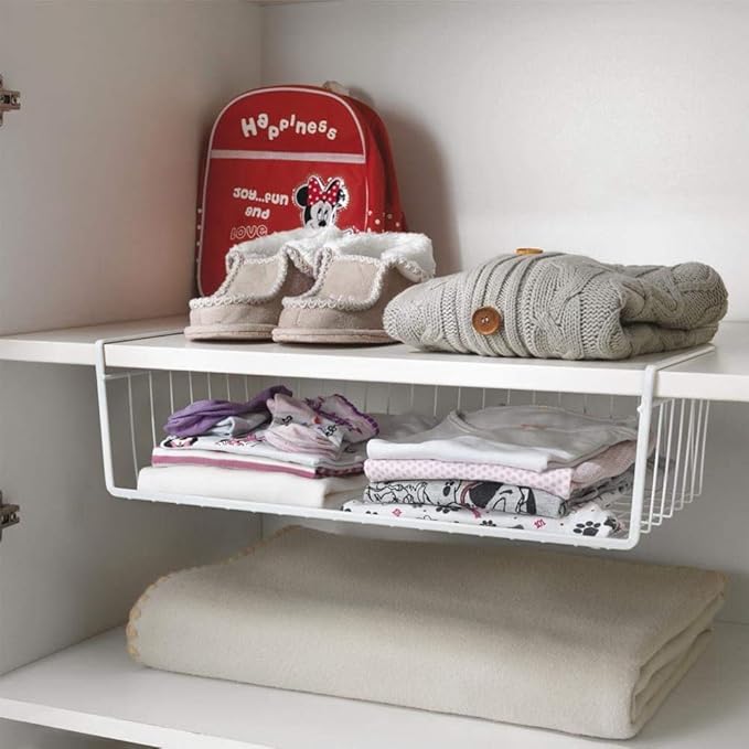 Modern Home Under Shelf Wire Storage Baskets – Hanging Organizer Rack for Cabinet, Pantry, or Closet – White Metal Basket for Kitchen, Towels, or Office – No Tools Required (Set of 4 19")