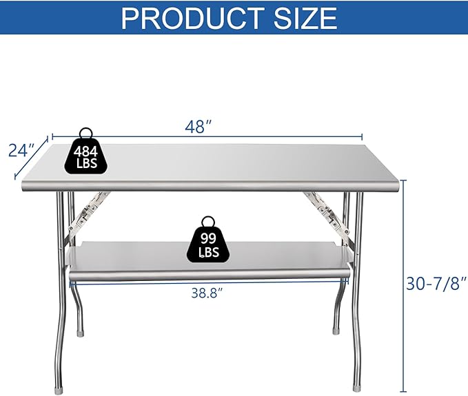 HARDURA Folding Stainless Steel Table 24X48 Inches with Adjustable Undershelf and Legs NSF Commercial Portable Folding Prep Table for Restaurant Kitchen Home and Hotel