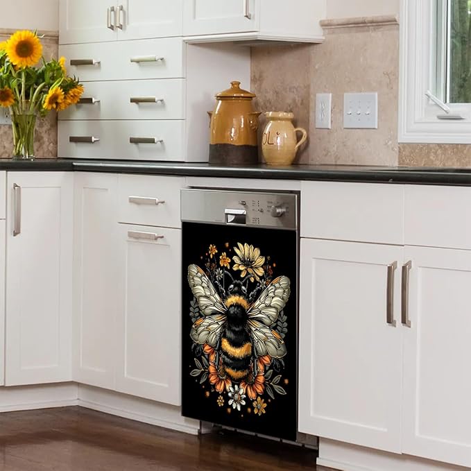cfpolar Dishwasher Magnet Cover for The Front Dishwasher Door Cover Panel Decals Vintage Bee Flower Magnetic Refrigerator Cover for Kitchen Farmhouse Home Decor（23 X 26 in）