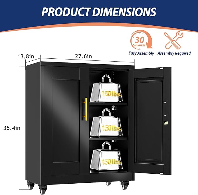Metal Storage Cabinet-35” Tall Steel File Cabinets with Lockable Doors and Adjustable Shelves, Steel Tool Cabinet with Wheel for Home, School, Office, Garage Black