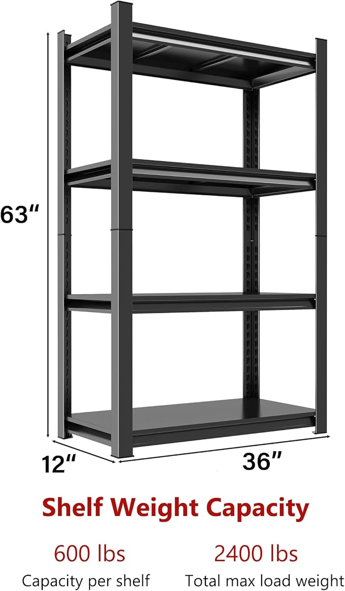 4-Tier (63''H x 35''W x 12''D) Metal Garage Shelving Unit, Storage Shelves Heavy Duty, Adjustable Upgraded Reinforced Double-Layer Columns for Space-Saving Garage with Easy Assembly