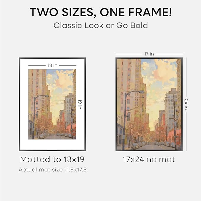 Homeforia 17x24 Picture Frame Black, High End Metal 17x24 Poster Frames with Mat 13x19 for Photo, 17 x 24 Black Frame Matted to 13 x 19 inch Print, 24x17 Thin Frame, Tempered Glass, Wall Kit, Set of 3