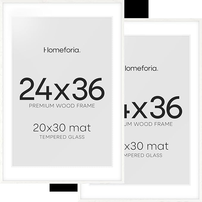 Homeforia White Picture Frame 24x36, High End Oak 24 x 36 Wood Poster Frame with Mat 20 by 30 for Photo, 24x36 Large Wooden Frame Matted to 20x30, 36x24 Thin Frames, Tempered Glass, Wall Kit, Set of 2