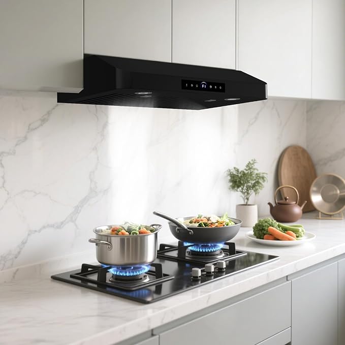 30 Inch Under Cabinet Range Hood,1200CFM Vent Hood with Powerful Suction,4-Speed Exhaust Fan,Stainless Steel Ducted Kitchen Hood Extractor with Led Lights,Smart Touch Panel,15S-E30BK