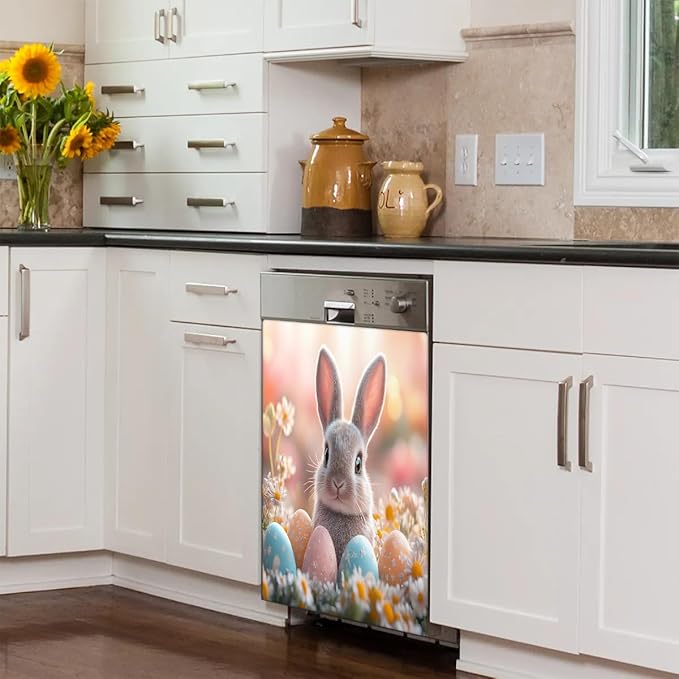 Dishwasher Magnet Cover Easter Cute Bunny Eggs Flower Refrigerator Covers Magnetic Sheet Stickers Farmhouse Kitchen Decorative Home Cabinet Decals Appliances Stickers, 23x26 inch