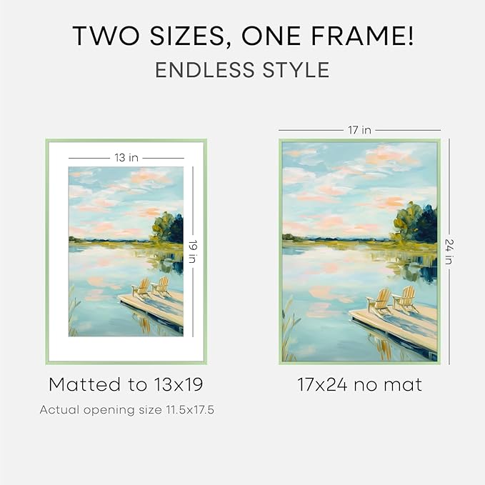Homeforia 17x24 Picture Frame Sage Green, High End Metal 17x24 Poster Frames with Mat 13x19 Photo, 17 x 24 Sage Green Frame Matted to 13 by 19 Art, 24x17 Thin Frame, Tempered Glass, Wall Kit, Set of 2