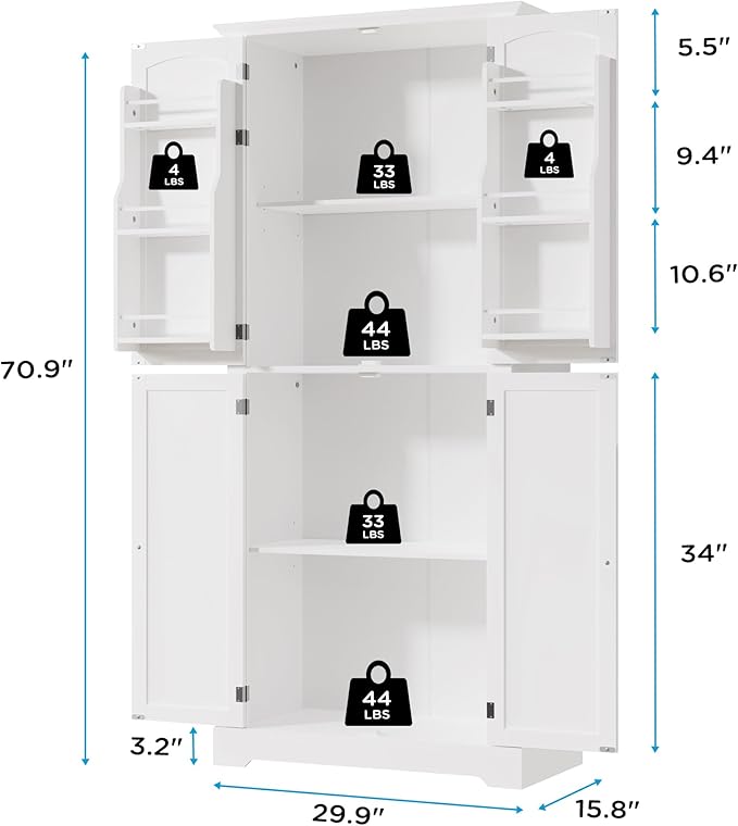 MHOM 71" Tall Pantry Cabinet, Farmhouse Kitchen Storage Cabinet with 6 Hanging Shelves and Adjustable Shelves, Freestanding Cupboard for Kitchen & Dining Room, White