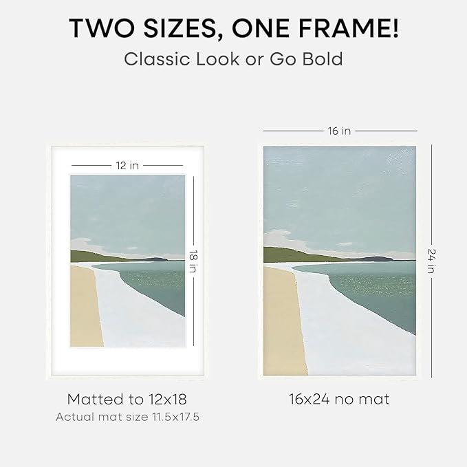Homeforia White Picture Frame 16x24, High End Oak White 16x24 Frame with Mat 12x18 Photo, 16 x 24 Wooden Poster Frames Matted to 12 by 18, 24x16 Wood Hanging Frames, Tempered Glass, Wall Kit, Set of 2