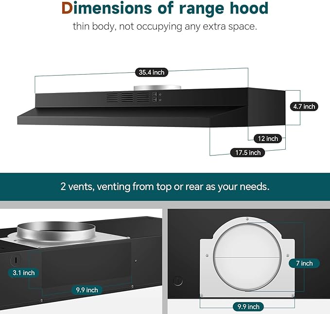 SNDOAS Black Range Hood 36 inch,Ductless Under Cabinet Range Hood Included Carbon Sponge Filter,Ducted Optional,Kitchen Hood 36 inch with 2 Vents,2 Speeds,Hard Wired Stove Vent