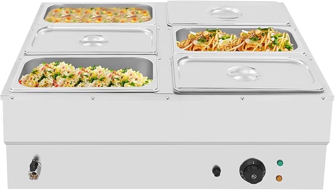 Commercial Food Warmer, 6 Pan Bain Marie Buffet Food Warmer, 42.5Qt Electric Buffet Steam Table, 1500W Stainless Steel Countertop Soup Station with Drain Tap for Catering Party and Restaurant