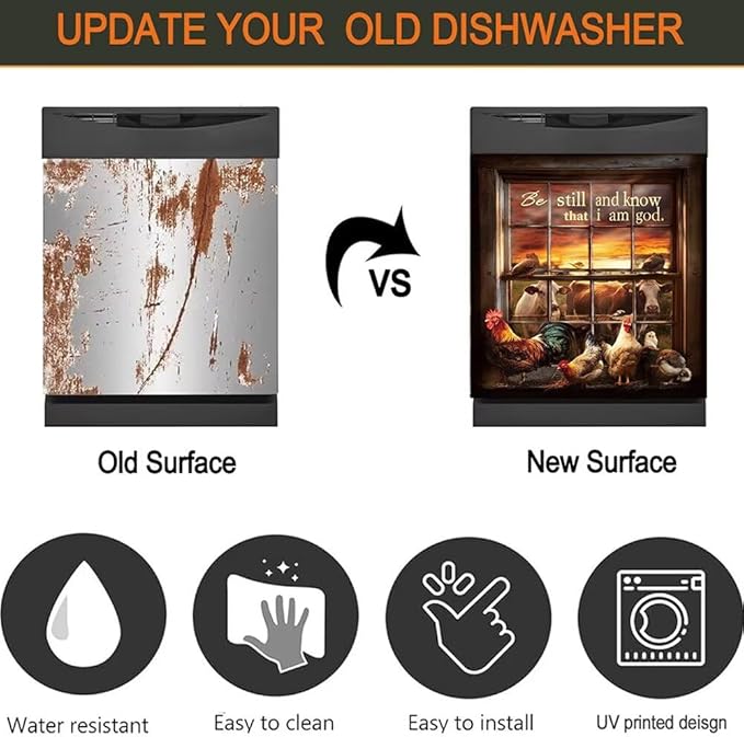 Farm Animal Dishwasher Magnet Cover - Be Still and Know That I am God Sticker Kitchen Decoration, Rooster Dishwasher Covers for Front, Farmhouse Magnetic Refrigerator Skin Panel Cover, 23"x26"