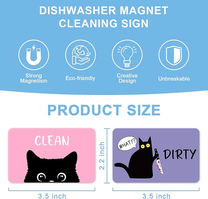 Funny Black Cat Cartoon Clean Dirty Dishwasher Magnet, Washing Machine Magnets Flip, Cute Cat Refrigerator Clean Dirty Sign, Double Sided Reversible Non Scratch Dish Washer Magnet Sign (Pink&Purple)