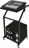DJ Mixer Stand Adjustable Rack, 2 Layer Rack Mount Mixer Case Stand with 4 Universal Wheels Supporting Crossbars and Adjustable Angle Studio Adjustable Stage Cart for Home, Office Concert Venues Etc