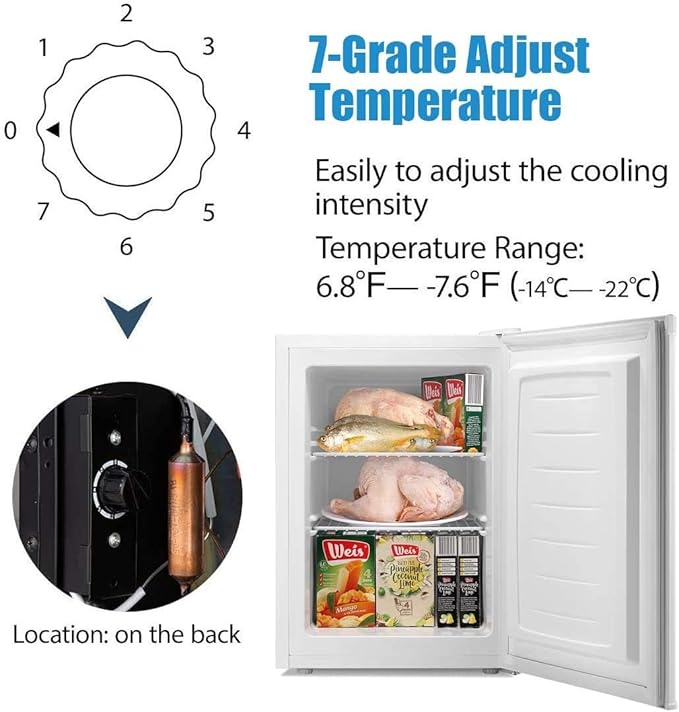 Antarctic Star 2.1 Cu.Ft Upright Freezer, Ultra-Compact Mini Freezer with Reversible Door, 7-Temp Control, Removable Shelves, Stainless Steel for Dorm, Home, Office, White