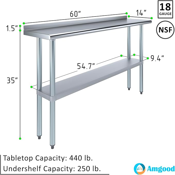 AmGood 60" Long x 14" Deep Stainless Steel Work Table with 1.5" Backsplash | Metal Kitchen Food Prep Table | NSF