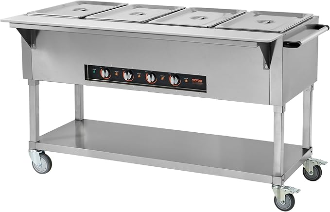 VEVOR Commercial Food Warmer, 2000W Electric Steam Table with 4 x 20.6QT Pans, Versatile Food-Grade Stainless Steel Server with Countertop & Shelf, Movable Buffet Catering Warmer for Party Restaurant
