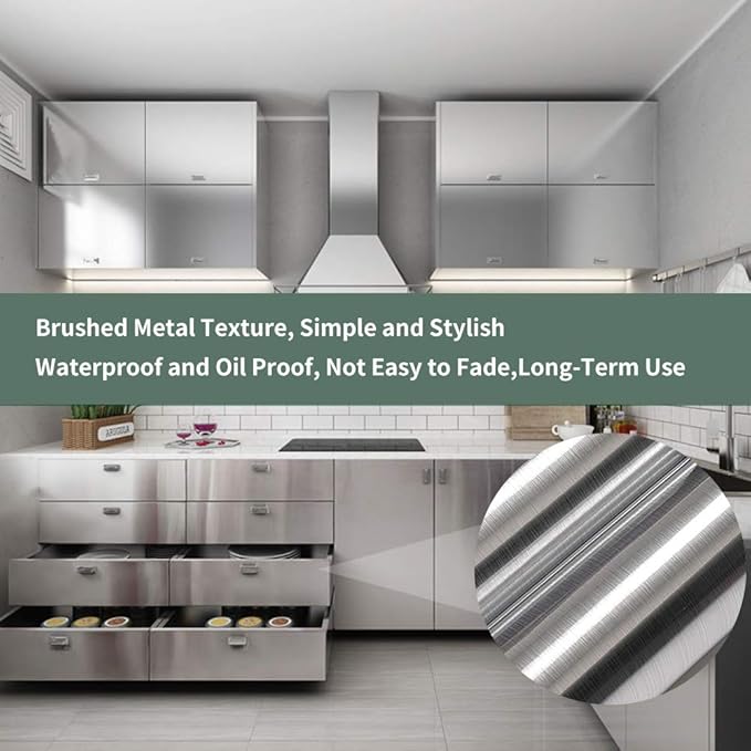 Hopepak Stainless Steel Contact Paper Peel and Stick Waterproof Silver Metallic Wallpaper Self Adhesive Removable Vinyl Roll for Kitchen Cabinet Refrigerator Dishwasher Countertop 17.3''x118''