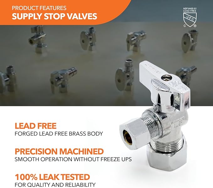 Stainless Steel Braided Water Connectors for Faucets, 3/8" Compression x 1/2" FIP, 16" Length (2Pack) + Supply Stop Valves, 5/8" x 3/8" Compression (2Pack)