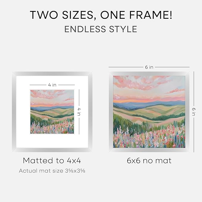 Homeforia 6x6 Silver Picture Frame, High End Metal 6 x 6 Square Frames with Mat 4 by 4 Photo, 6x6 Brass Frame Matted to 4x4 inch Print, 6by6 Wall or Tabletop Frames, Tempered Glass, Wall Kit, Set of 2