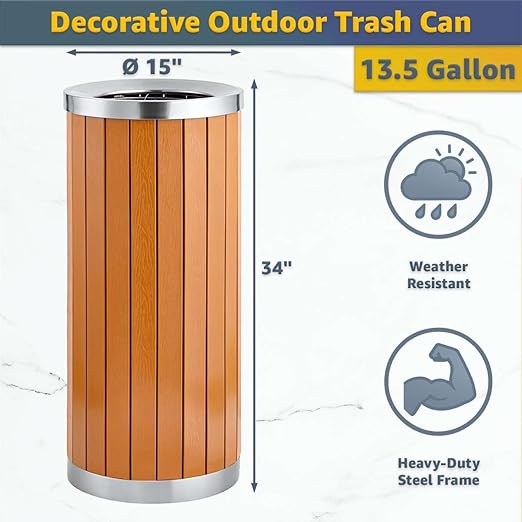 13.5 Gallon Round Outdoor Trash Can with Open Top - Commercial Steel and Wood Composite Decorative Waste Bin with Galvanized Liner - Garbage Container for Parks, Retail Stores, Public Transit Areas