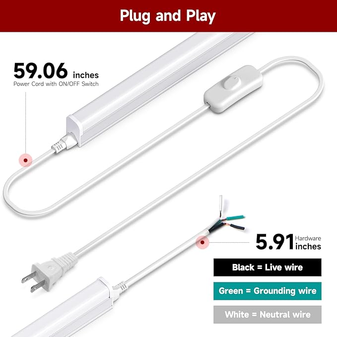 4 Pack T5 LED Shop Light, 4FT, 20W, 5000K 2200LM, Linkable Utility Fixture for Under Cabinet, Kitchen, Garage, Basement, Workshop Lighting, Easy Installation, Plug & Play