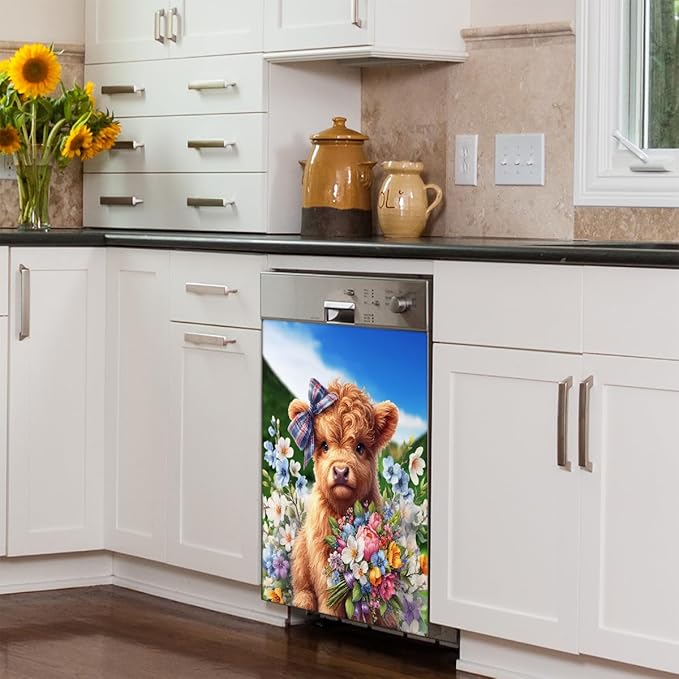 Dishwasher Magnet Cover Flower Highland Cow Cute Dishwasher Decorative Cover Front Dishwasher Door Cover Reuseable Dishwasher Cover Panel Decal for Kitchen Refrigerator Home Appliances 23" X 26"