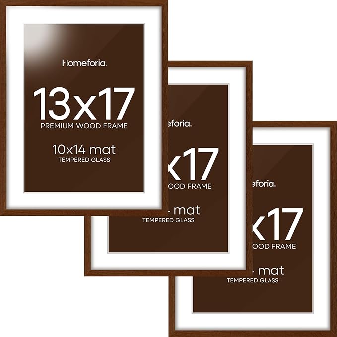 Homeforia 13x17 Picture Frame Brown, High End Dark Oak 13x17 Poster Wood Frame with Mat 10x14 for Photo, 13 x 17 Wooden Walnut Frame Matted to 10 x 14, 17x13 Frames, Tempered Glass, Wall Kit, Set of 3