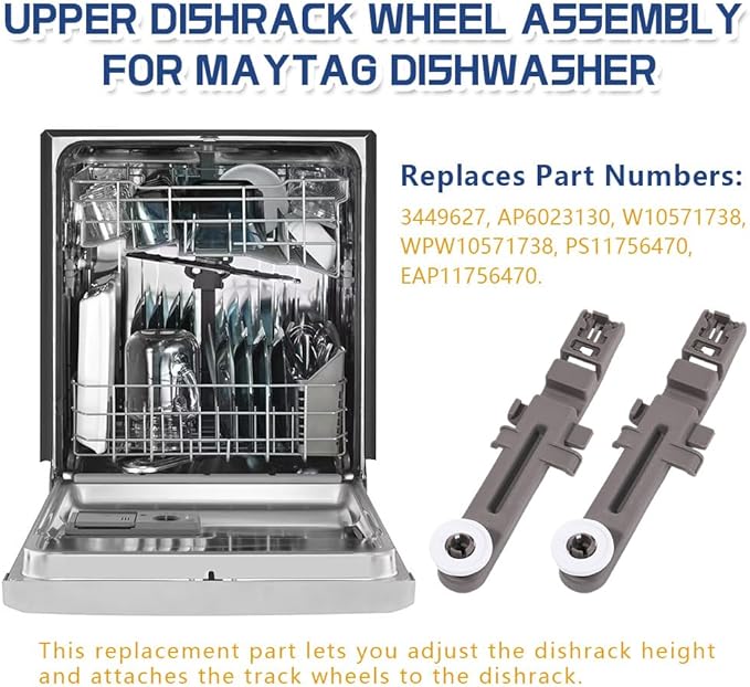 [Upgraded] W10571738 Dishwasher Upper Dishrack Adjuster and Wheel Assembly fit for Maytag/Whirlpool Dishwashers, Replace WPW10571738, 3449627, AP6023130, PS11756470