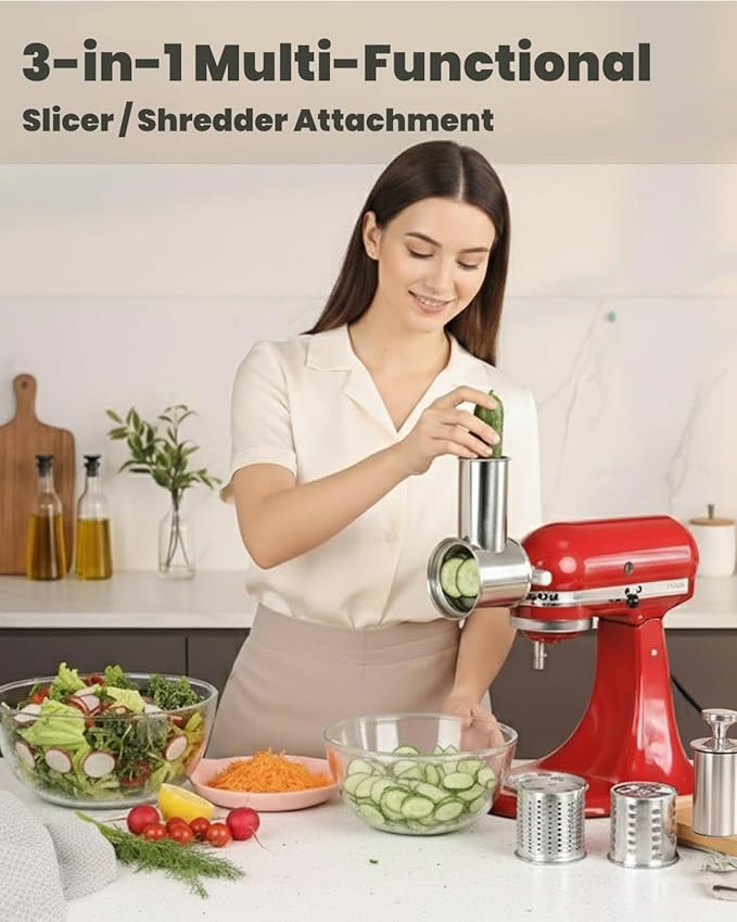 Stainless Steel Slicer Shredder Attachment for KitchenAid Stand Mixer, Large-Capacity Vegetable Slicer & Cheese Grater with 3 Stainless Steel Blades, Dishwasher Safe Food Processor Accessory by Rafbar