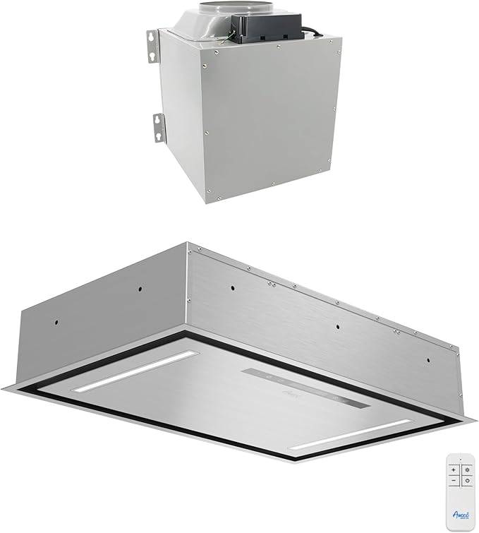 Awoco 30”W Flush Ceiling Mount Split Insert Range Hood, Stainless Steel 4 Speeds 1000 CFM, 8” Round Top Vent LED Lights Remote Control (30"W 19"D 8" Vent)