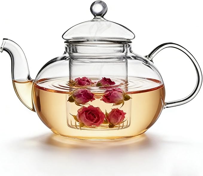 1000ml(33.8oz) Borosilicate Glass Teapot with Removable Glass Infuser, Stovetop Safe Large Tea Kettle for Blooming and Loose Leaf Tea