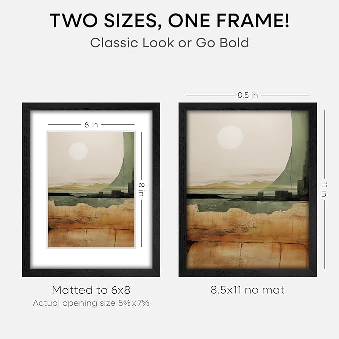 Homeforia 8.5x11 Picture Frame Black Wood, High End Oak 8.5 x 11 Frames with Mat 6 by 8 Print, 8.5by11 Wooden Frame Matted to 6x8 inch Photo, Wall or Tabletop Frame, Tempered Glass, Wall Kit, Set of 2