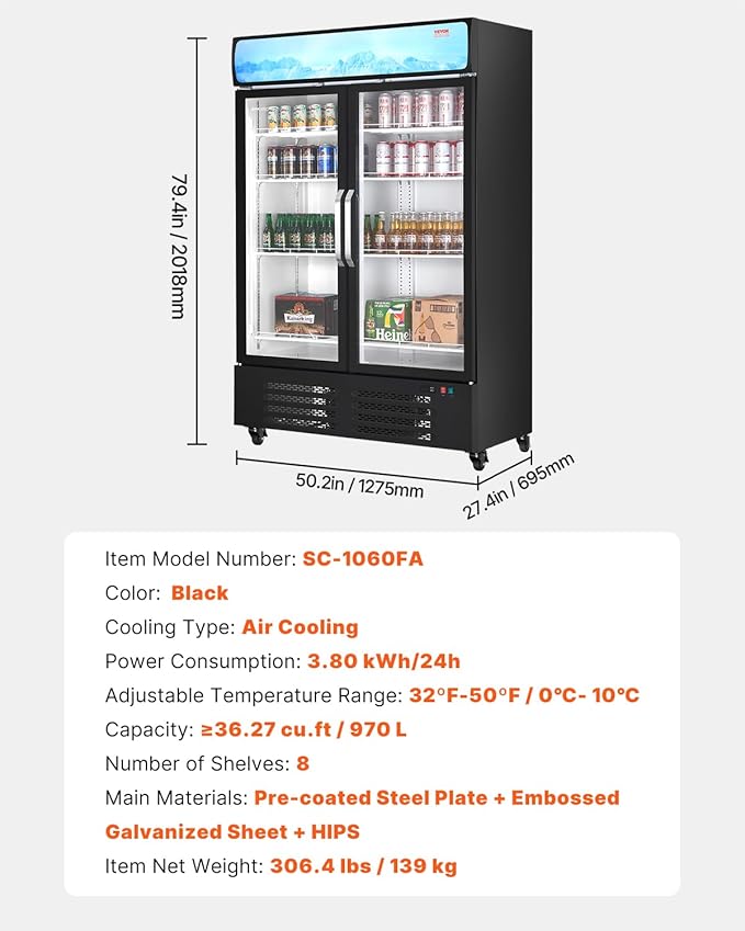 VEVOR Commercial Merchandiser Refrigerator, 36.27 CU.FT Upright Beverage Cooler, 2 Glass Door Display Refrigerator with 8 Adjustable Shelves, Soft LED Light, Customizable Lightbox, Casters, Black