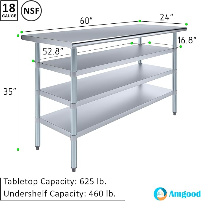 24 in. x 60 in. Stainless Steel Work Table with Three Bottom Shelves | NSF Kitchen Prep Table | Utitly Metal Table