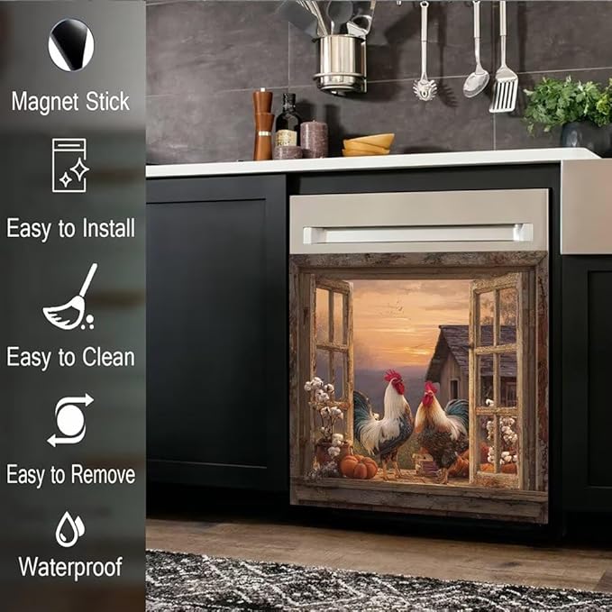 Farm Rooster Magnet Dishwasher Covers, Country Chicken Dishwasher Magnet Cover for Front, Hen Fridge Decal Cotton Flower Magnetic Refrigerator Sticker Kitchen Decorative, 23"X17"