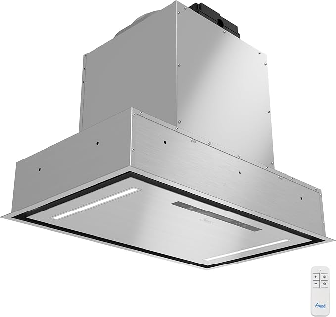 Awoco 36”W Flush Ceiling Mount Insert Island Range Hood, Stainless Steel 4 Speeds 1000 CFM, 8” Round Vent LED Lights Remote Control (36" 8" Vent)