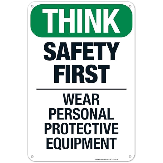 Think Safety First Wear Personal Protective Equipment Sign, 12x18 Inches, 55 mil Thick HDPS (high Density polystyrene), Made in USA