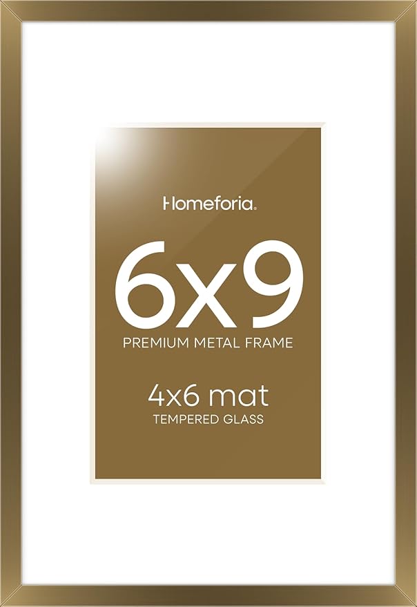 Homeforia 6x9 Picture Frame Bronze, High End Metal 6 x 9 Brass Frames with Mat 4 x 6 for Art, 6x9 Desk Frame Matted to 4x6 inch Photo, 6 by 9 Wall or Tabletop Frame, Tempered Glass, Wall Kit, Set of 1