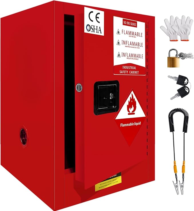12 Gallon Flammable Storage Cabinet, 23×18×18in Galvanized Steel Safety Storage Cabinet, Adjustable Shelf Fireproof Cabinets, Flammable Liquid Storages Cabinets for Industrial and Home Use, Red